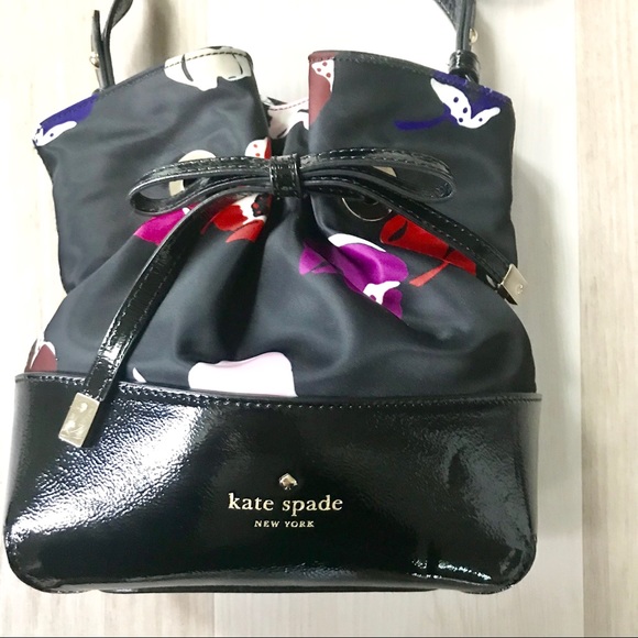 Kate Spade Black Floral Satin Bucket Shoulder Bag - Picture 2 of 5
